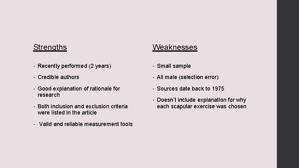 Strengths Weaknesses • Recently performed (2 years) • Small sample • Credible authors •