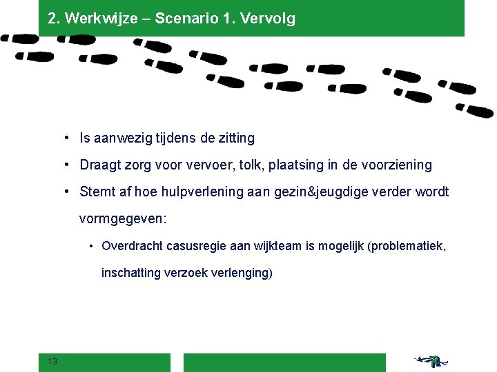 2. Werkwijze – Scenario 1. Vervolg • Is aanwezig tijdens de zitting • Draagt