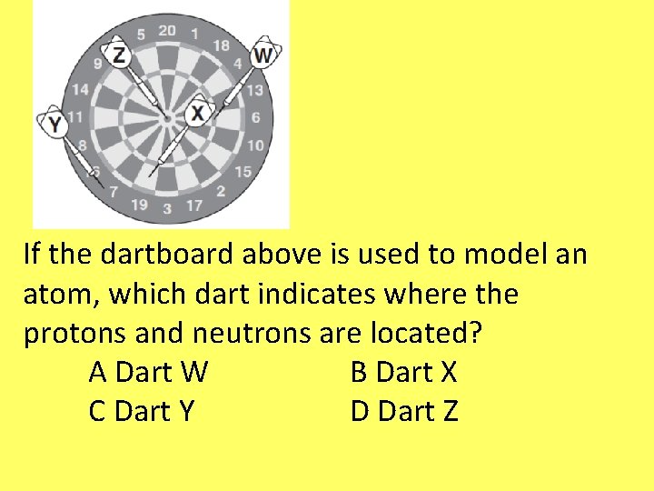If the dartboard above is used to model an atom, which dart indicates where If the dartboard above is used to model an atom, which dart indicates where