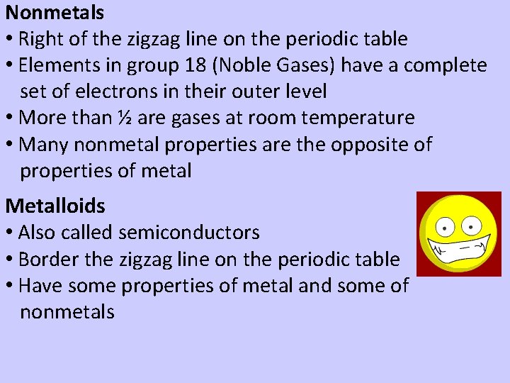 Nonmetals • Right of the zigzag line on the periodic table • Elements in Nonmetals • Right of the zigzag line on the periodic table • Elements in