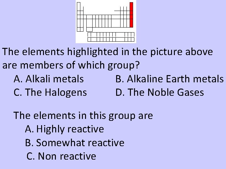 The elements highlighted in the picture above are members of which group? A. Alkali The elements highlighted in the picture above are members of which group? A. Alkali
