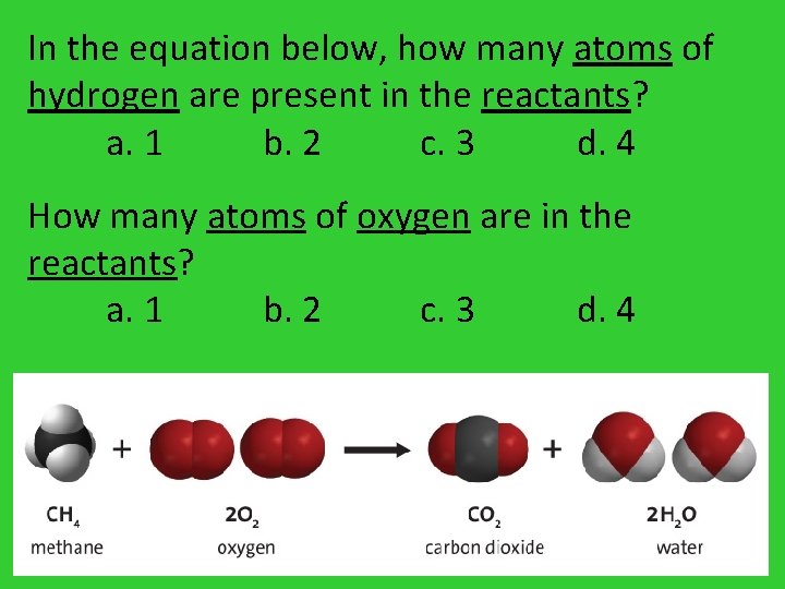 In the equation below, how many atoms of hydrogen are present in the reactants? In the equation below, how many atoms of hydrogen are present in the reactants?