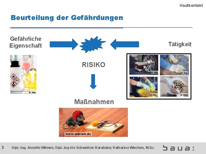 Hautkontakt Beurteilung der Gefährdungen Gefährliche Eigenschaft Tätigkeit RISIKO © FOX Maßnahmen www. mbi-mh. de