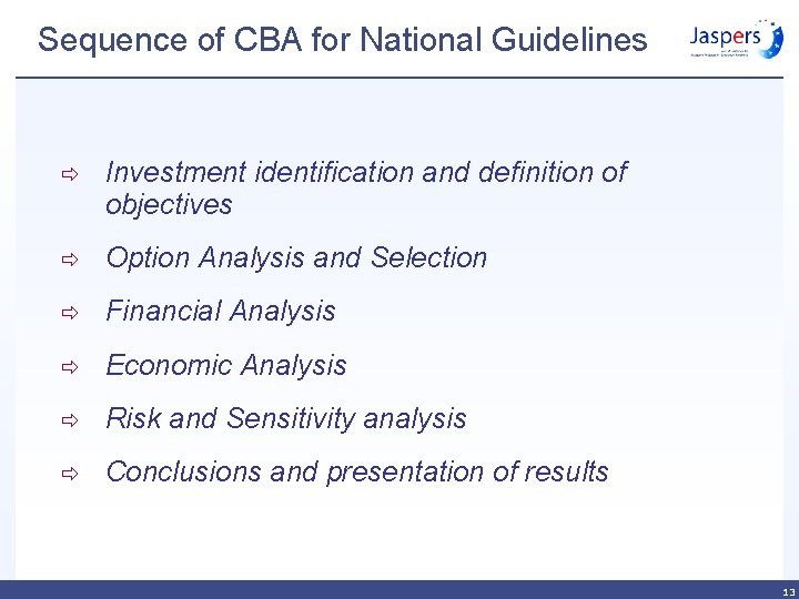Sequence of CBA for National Guidelines ð Investment identification and definition of objectives ð