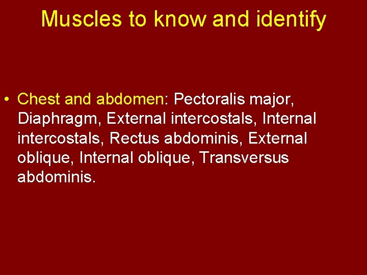 Muscles to know and identify • Chest and abdomen: Pectoralis major, Diaphragm, External intercostals,