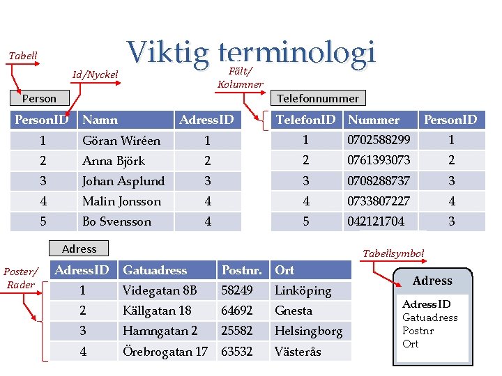 Tabell Id/Nyckel Viktig terminologi Fält/ Kolumner Person Telefonnummer Person. ID Namn Adress. ID Telefon.