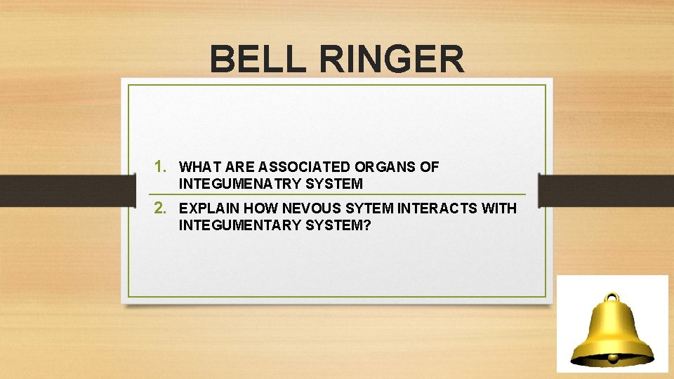 BELL RINGER 1. WHAT ARE ASSOCIATED ORGANS OF INTEGUMENATRY SYSTEM 2. EXPLAIN HOW NEVOUS