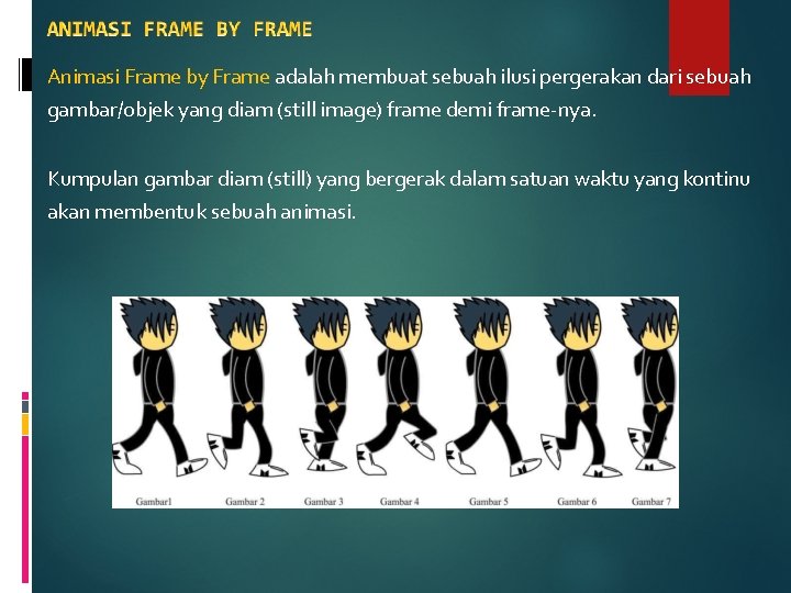 Animasi Frame by Frame adalah membuat sebuah ilusi pergerakan dari sebuah gambar/objek yang diam