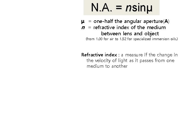 N. A. = nsinμ μ = one-half the angular aperture(A) n = refractive index