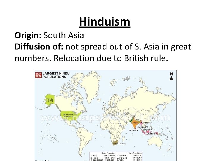 Hinduism Origin: South Asia Diffusion of: not spread out of S. Asia in great