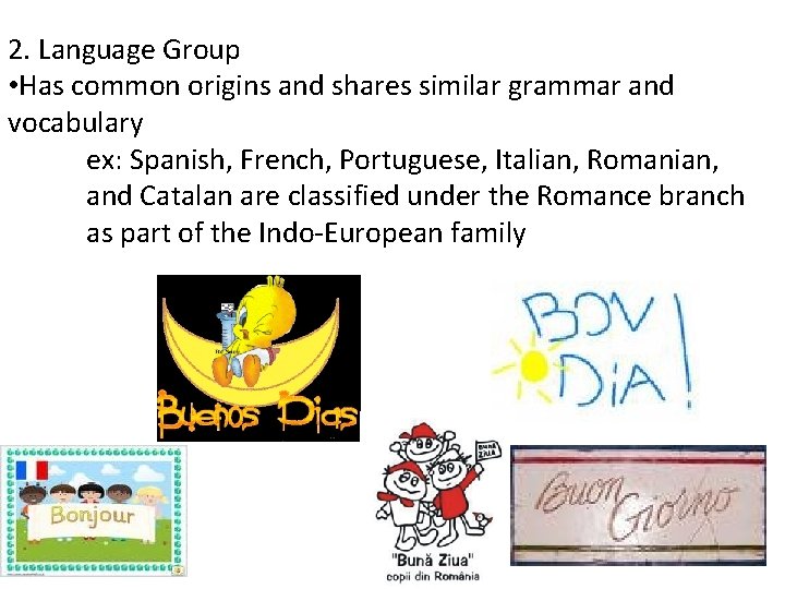 2. Language Group • Has common origins and shares similar grammar and vocabulary ex: