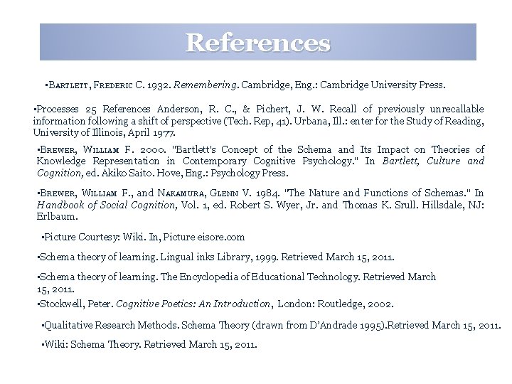 References • BARTLETT, FREDERIC C. 1932. Remembering. Cambridge, Eng. : Cambridge University Press. •