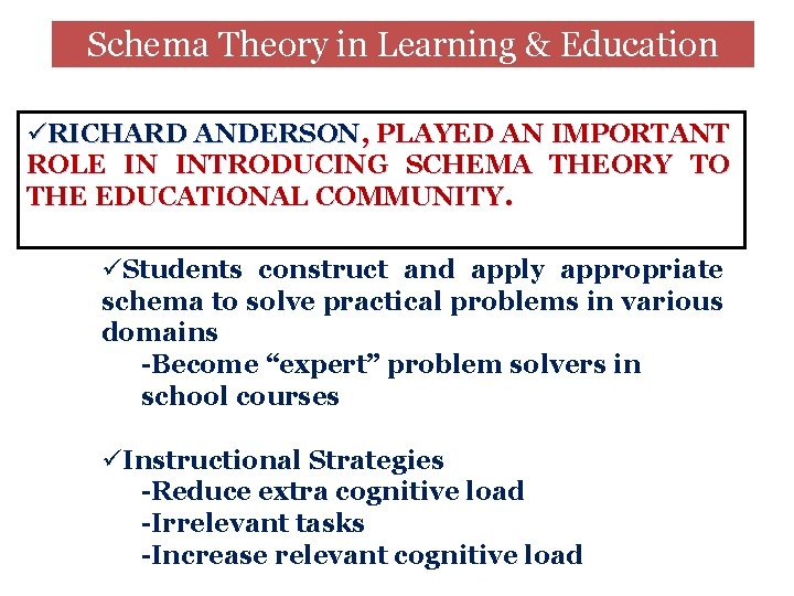 Schema Theory in Learning & Education üRICHARD ANDERSON, PLAYED AN IMPORTANT ROLE IN INTRODUCING