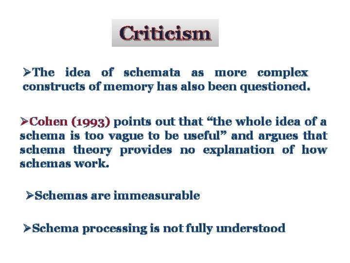 Criticism ØThe idea of schemata as more complex constructs of memory has also been