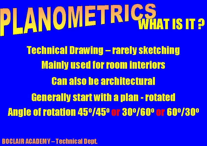 WHAT IS IT ? Technical Drawing – rarely sketching Mainly used for room interiors