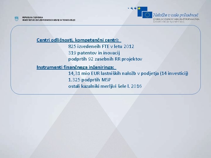 REPUBLIKA SLOVENIJA MINISTRSTVO ZA GOSPODARSKI RAZVOJ IN TEHNOLOGIJO Centri odličnosti, kompetenčni centri: 825 izvedeneih