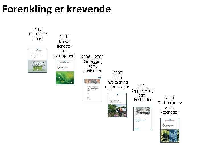 Forenkling er krevende 2005 Et enklere Norge 2007 Elektr. tjenester for næringslivet 2006 –