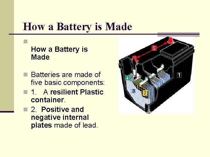 How a Battery is Made n Batteries are made of five basic components: n