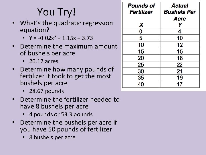 You Try! • What’s the quadratic regression equation? • Y = -0. 02 x
