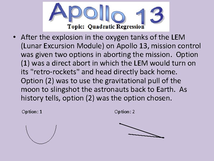  • After the explosion in the oxygen tanks of the LEM (Lunar Excursion