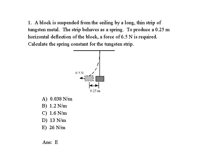 1. A block is suspended from the ceiling by a long, thin strip of