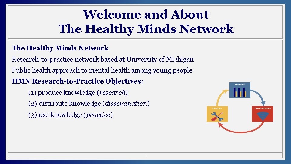 Welcome and About The Healthy Minds Network Research-to-practice network based at University of Michigan