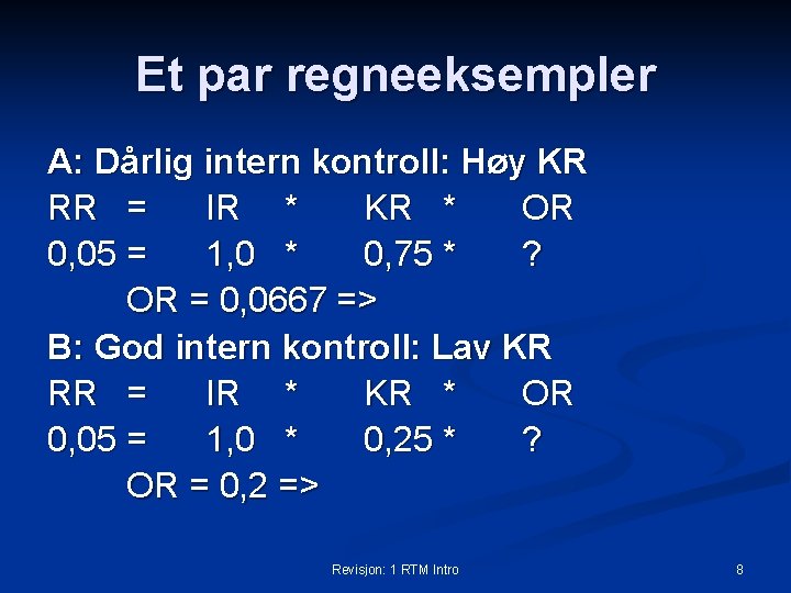 Et par regneeksempler A: Dårlig intern kontroll: Høy KR RR = IR * KR