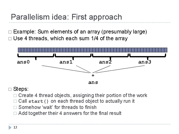 Parallelism idea: First approach � Example: Sum elements of an array (presumably large) �
