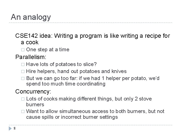 An analogy CSE 142 idea: Writing a program is like writing a recipe for