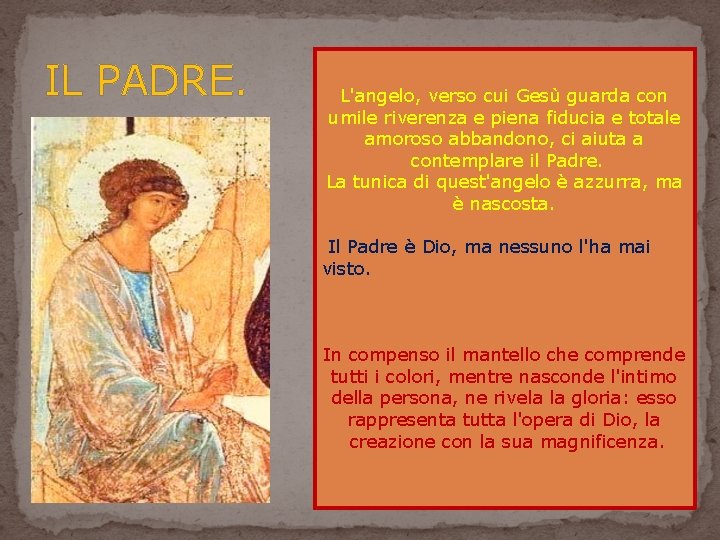 IL PADRE. L'angelo, verso cui Gesù guarda con umile riverenza e piena fiducia e