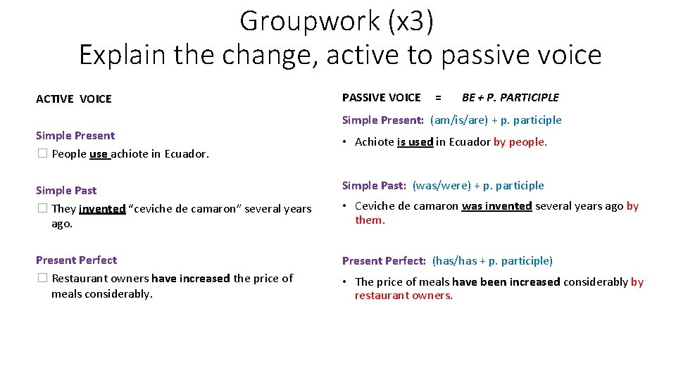 Groupwork (x 3) Explain the change, active to passive voice ACTIVE VOICE PASSIVE VOICE
