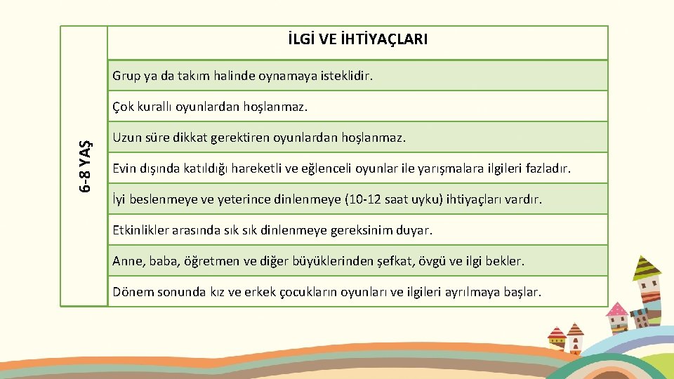 İLGİ VE İHTİYAÇLARI Grup ya da takım halinde oynamaya isteklidir. 6 -8 YAŞ Çok