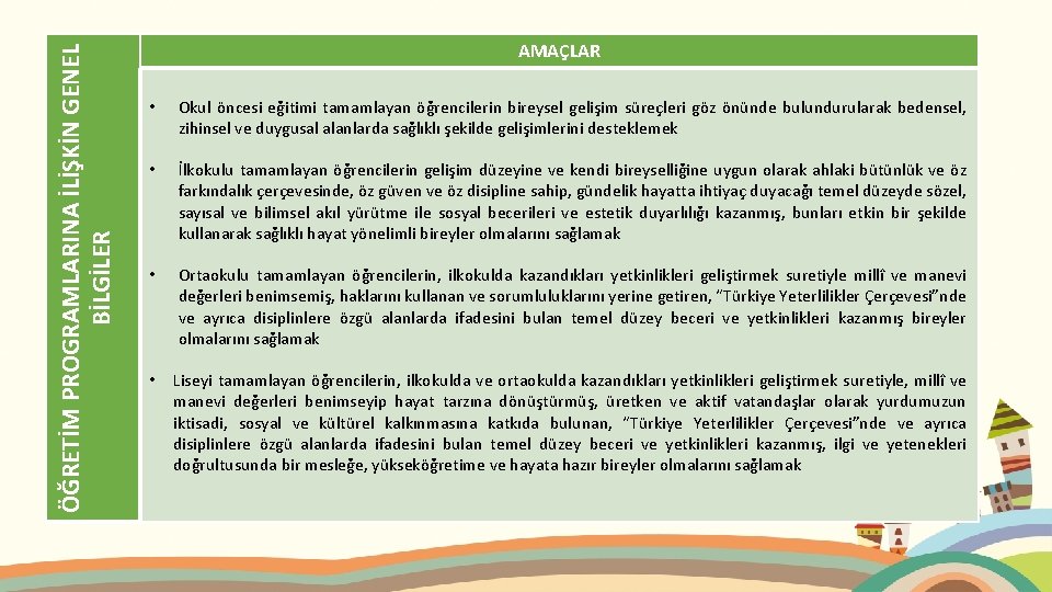 ÖĞRETİM PROGRAMLARINA İLİŞKİN GENEL BİLGİLER AMAÇLAR • Okul öncesi eğitimi tamamlayan öğrencilerin bireysel gelişim