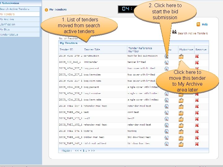 1. List of tenders moved from search active tenders 2. Click here to start