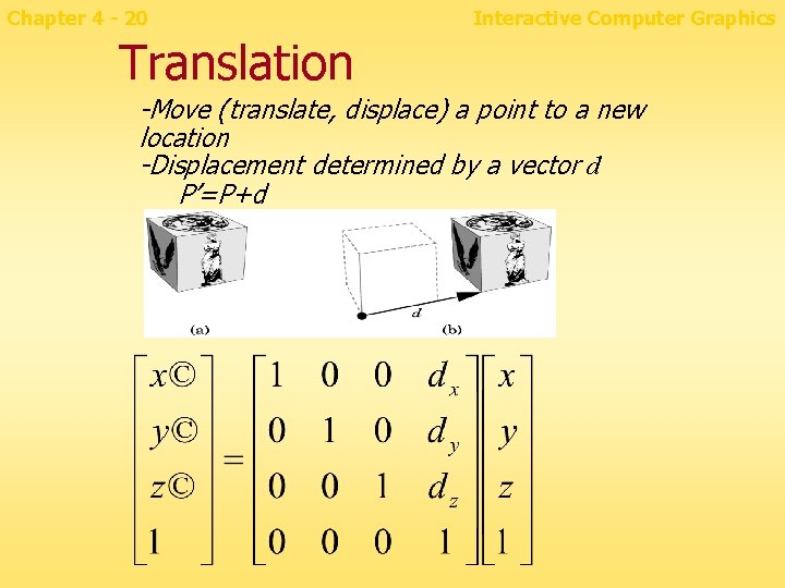 Chapter 4 - 20 Interactive Computer Graphics Translation -Move (translate, displace) a point to