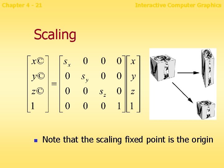 Chapter 4 - 21 Interactive Computer Graphics Scaling n Note that the scaling fixed