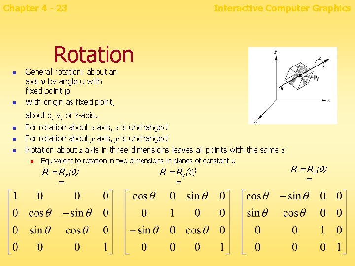 Chapter 4 - 23 Interactive Computer Graphics Rotation n n General rotation: about an