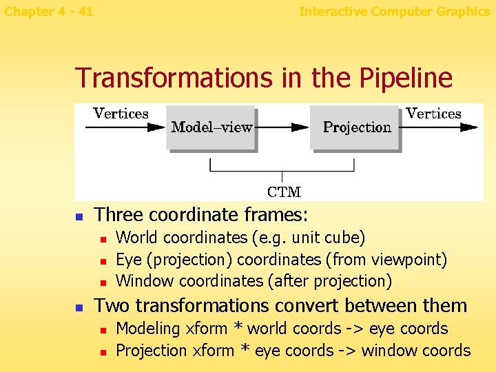 Chapter 4 - 41 Interactive Computer Graphics Transformations in the Pipeline n Three coordinate