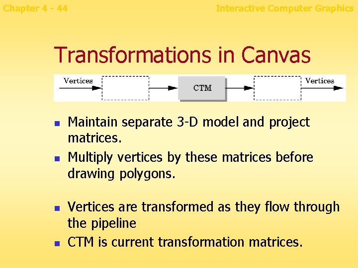 Chapter 4 - 44 Interactive Computer Graphics Transformations in Canvas n n Maintain separate