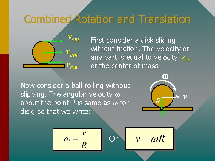 Combined Rotation and Translation vcm vcm First consider a disk sliding without friction. The