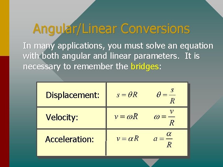 Angular/Linear Conversions In many applications, you must solve an equation with both angular and