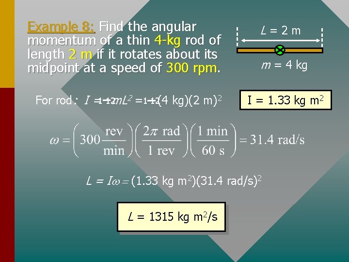 Example 8: Find the angular momentum of a thin 4 -kg rod of length