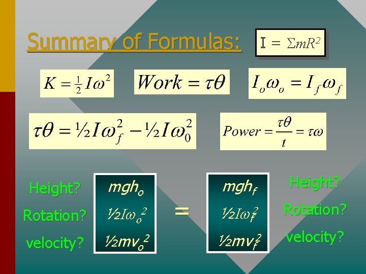 Summary of Formulas: Height? mgho Rotation? ½I o 2 velocity? ½mvo 2 = I