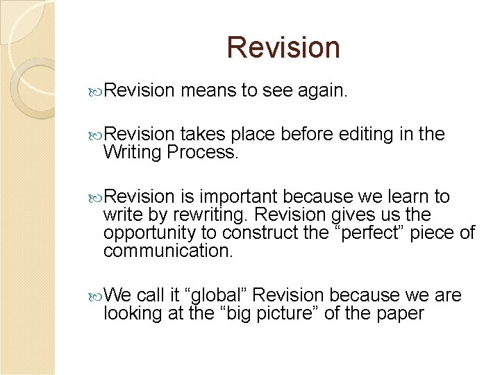 Revision means to see again. Revision takes place before editing in the Writing Process.