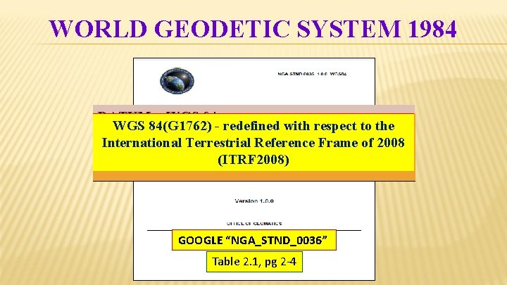 WORLD GEODETIC SYSTEM 1984 DATUM = WGS 84 84(G 1150) 84(G 1674) WGS redefinedwithrespectto