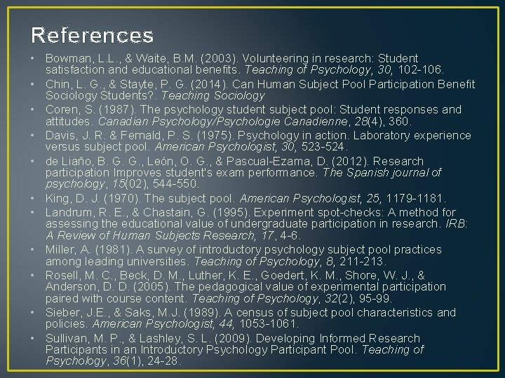 References • Bowman, L. L. , & Waite, B. M. (2003). Volunteering in research: