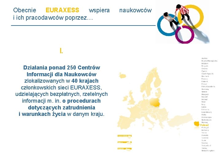 Obecnie EURAXESS wspiera i ich pracodawców poprzez… I. Działania ponad 250 Centrów Informacji dla