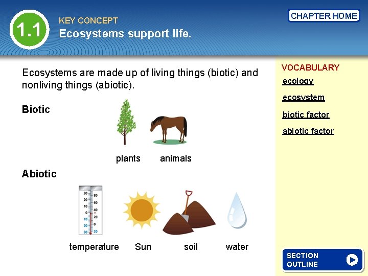 1. 1 CHAPTER HOME KEY CONCEPT Ecosystems support life. Ecosystems are made up of