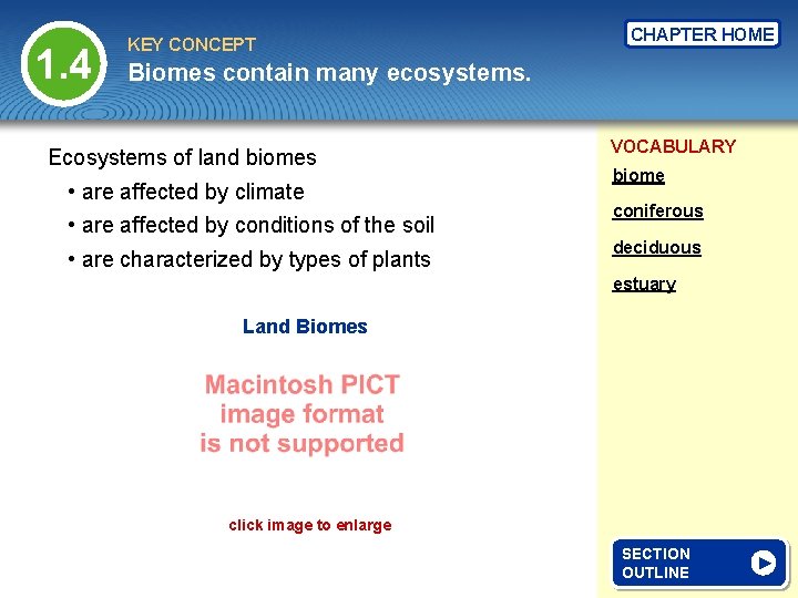 1. 4 KEY CONCEPT CHAPTER HOME Biomes contain many ecosystems. Ecosystems of land biomes