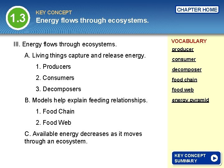 1. 3 KEY CONCEPT CHAPTER HOME Energy flows through ecosystems. III. Energy flows through